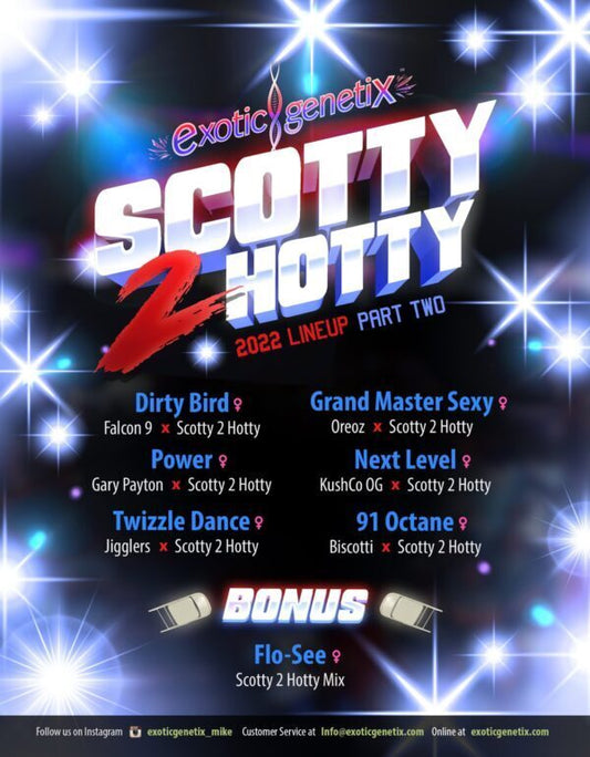 Exotic Genetix Scotty 2 Hotty Part Two, Dirty Bird, Power, Twizzle Dance, Grand Master Sexy, Next Level, 91 Octane, Bonus, Flo-See, Feminized Seeds
