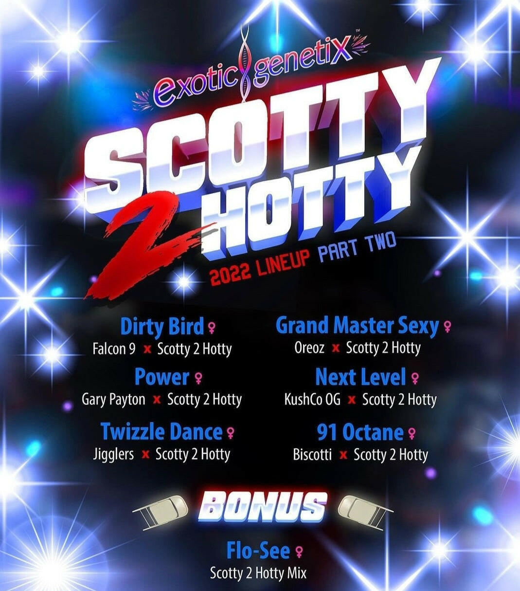 Scotty 2 Hotty Part Two (Exotic Genetix) Exotic Genetix Scotty 2 Hotty Part Two:  Dirty Bird (Falcon 9 x Scotty 2 Hotty)  Power (Gary Payton x Scotty 2 Hotty)  Twizzle Dance (Jigglers x Scotty 2 Hotty)  Grand Master Sexy (Oreoz x Scotty 2 Hotty)  Next Level (KushCoOG x Scotty 2 Hotty)  91 Octane (Biscotti x Scotty 2 Hotty)    Bonus: Flo-See 
